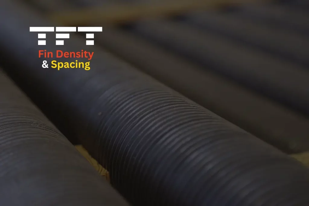 Photo of finned tubes with text reading "Fin Density & Spacing"
